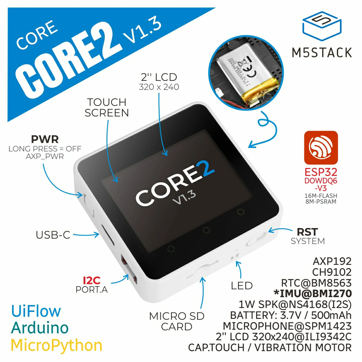 その他 M5Stack Core2 M5Stack Core2 ESP32 IoT Development Kit v1.3– m5stack-store