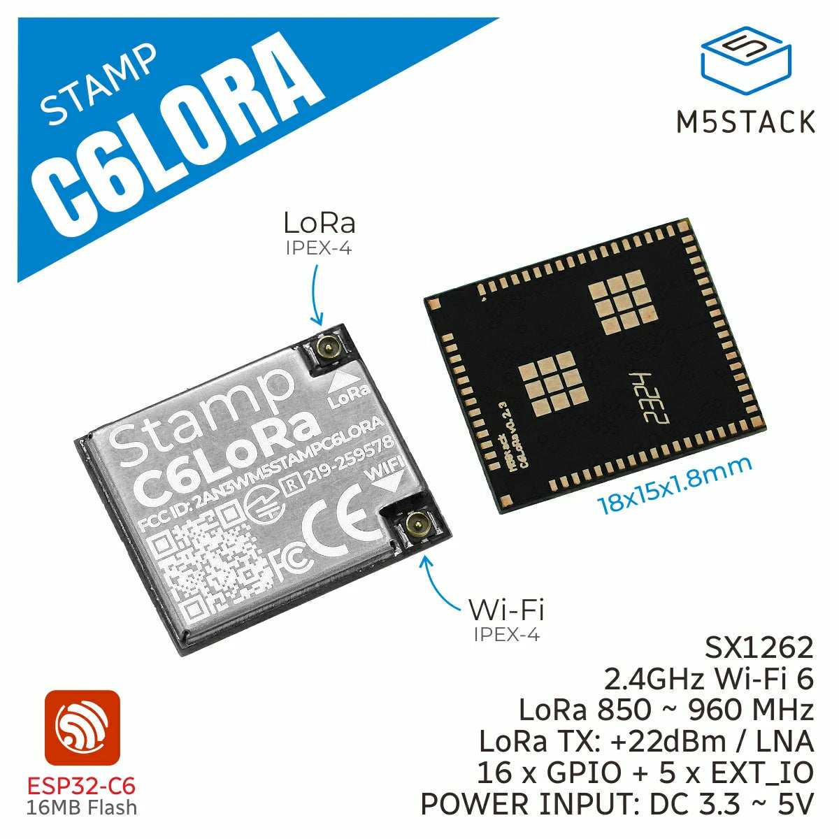 M5Stamp C6LoRa Module (ESP32-C6, SX1262) - m5stack-store