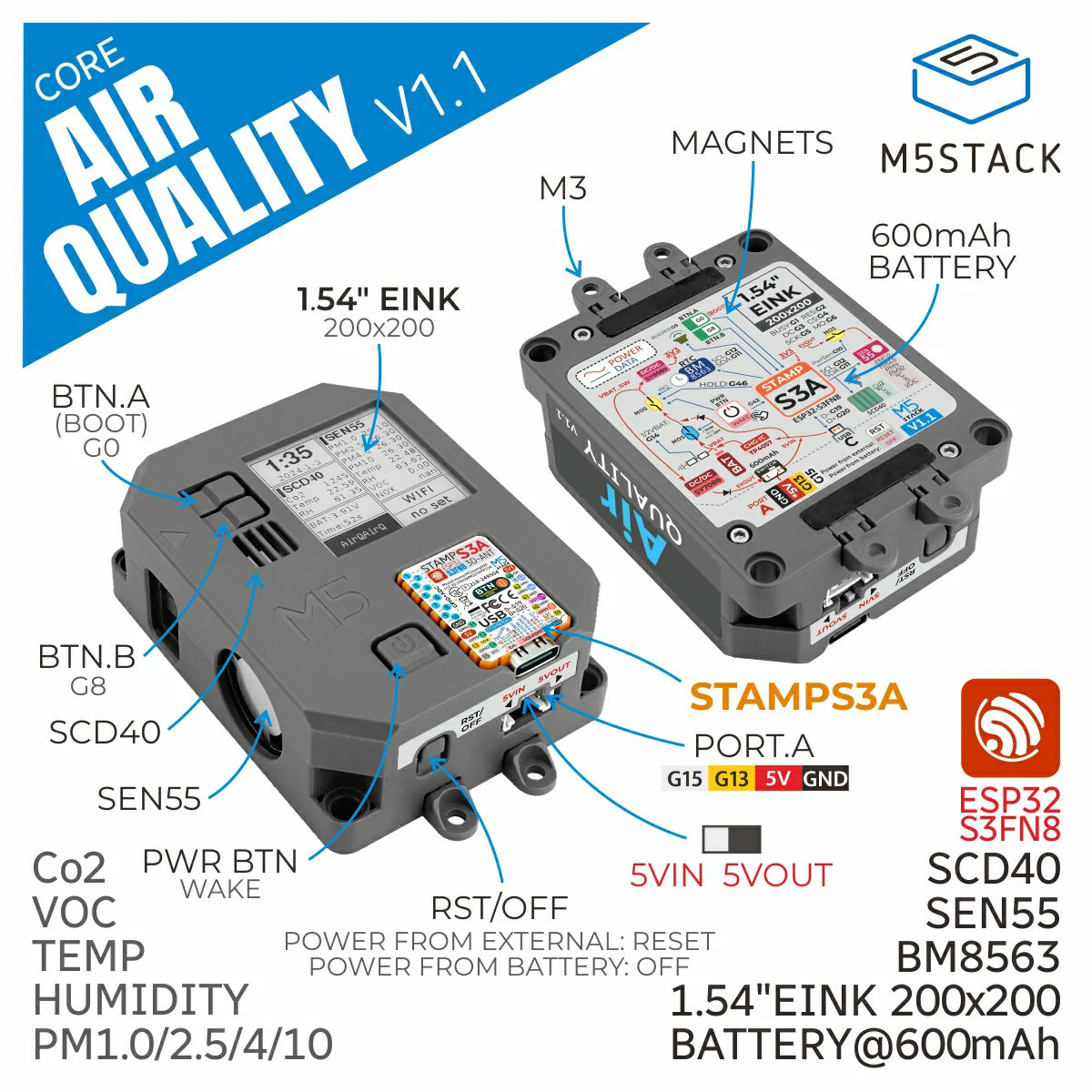 Air Quality Kit v1.1 with M5StampS3A (SEN55, SCD40)– m5stack-store