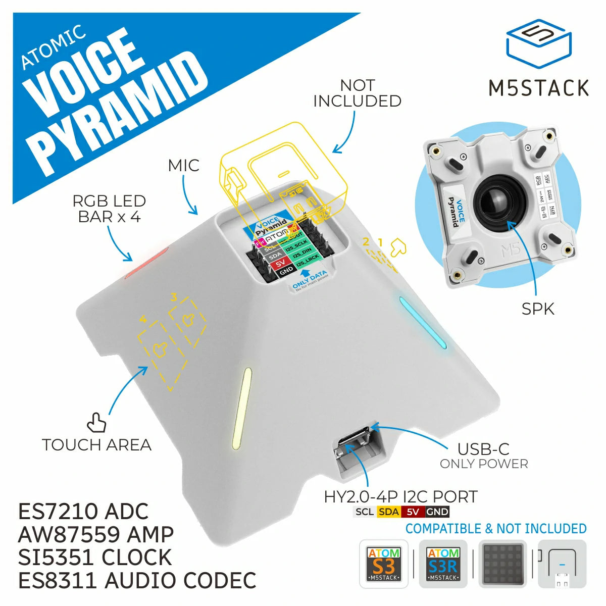 Voice Pyramid Smart Speaker Base without M5Atom - m5stack-store