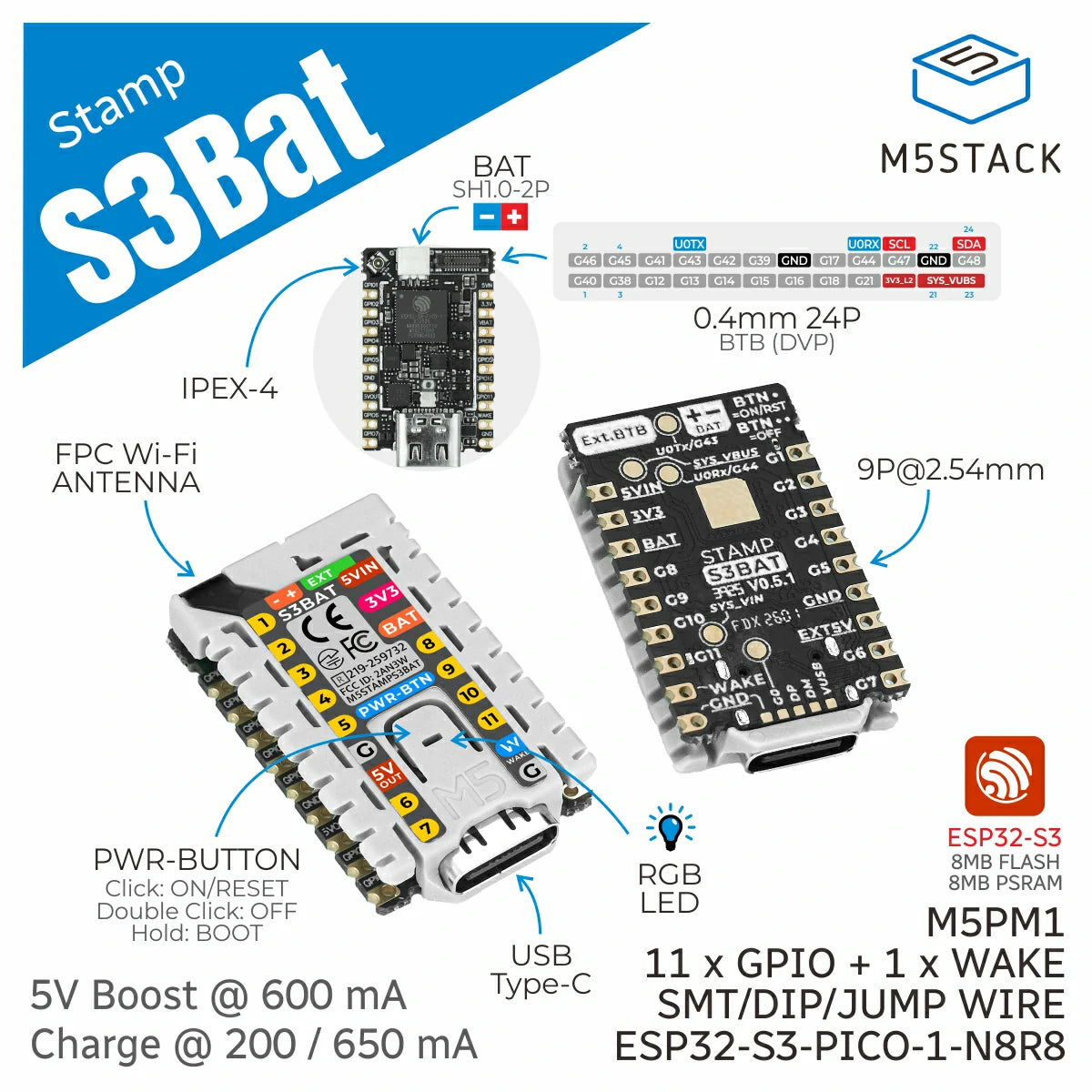 M5StampS3 BAT Module with Battery Connector - m5stack-store