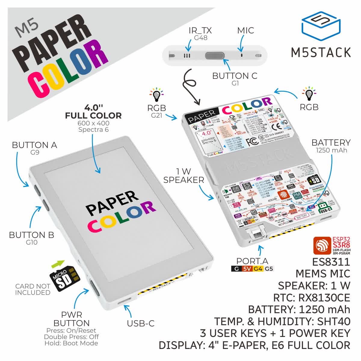 M5Paper Color ESP32S3 Dev Kit (600x400, 4" SPECTRA 6 eInk Display) - m5stack-store