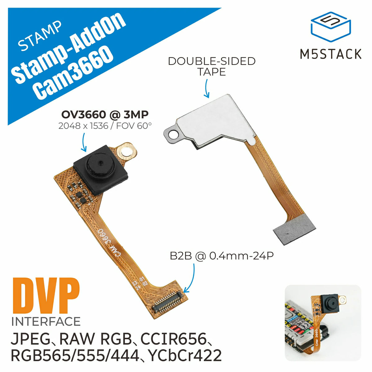 Stamp-AddOn Cam OV3660 for Stamp S3Bat