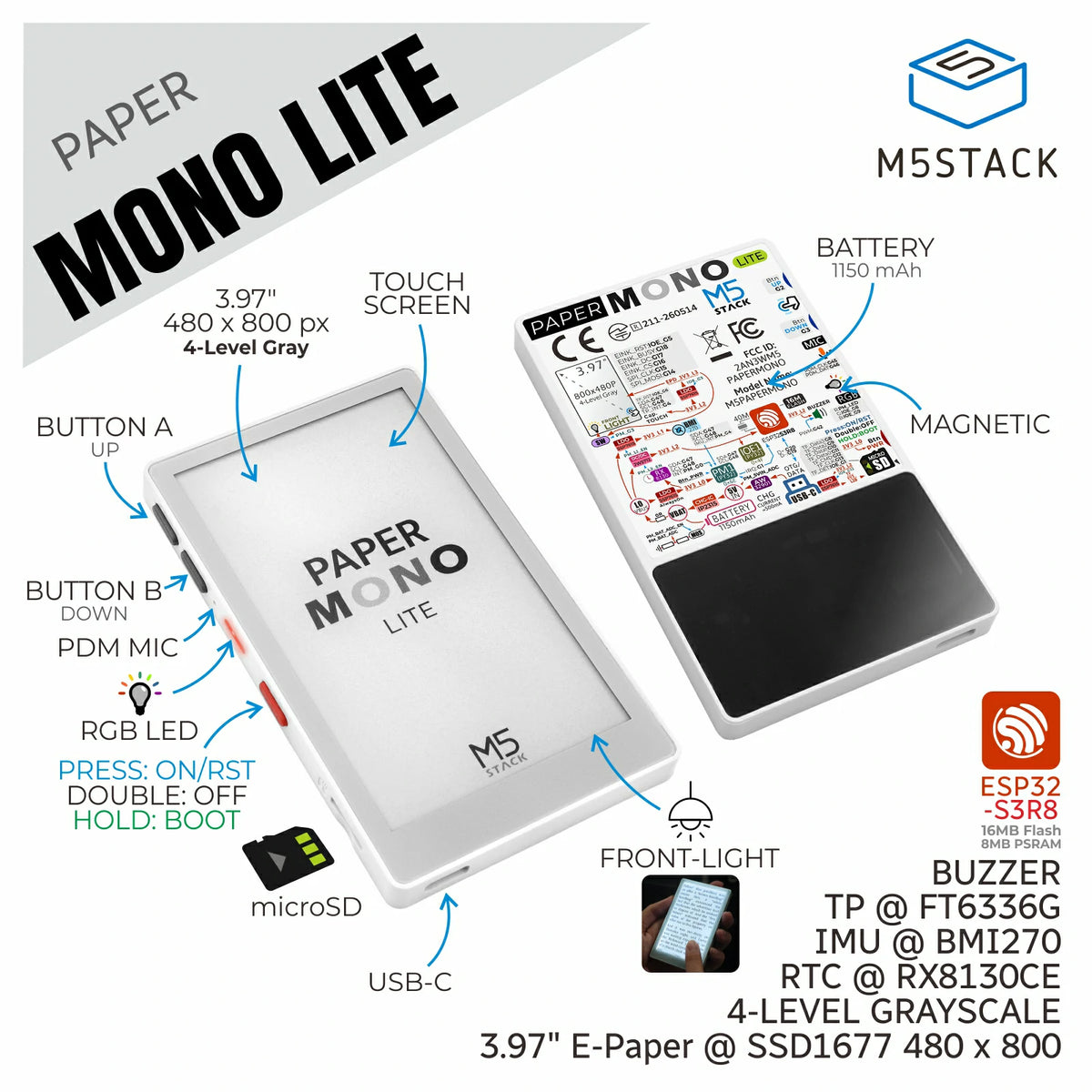 PaperMono Lite Dev Kit (800x480, 3.97" e-Ink Display)
