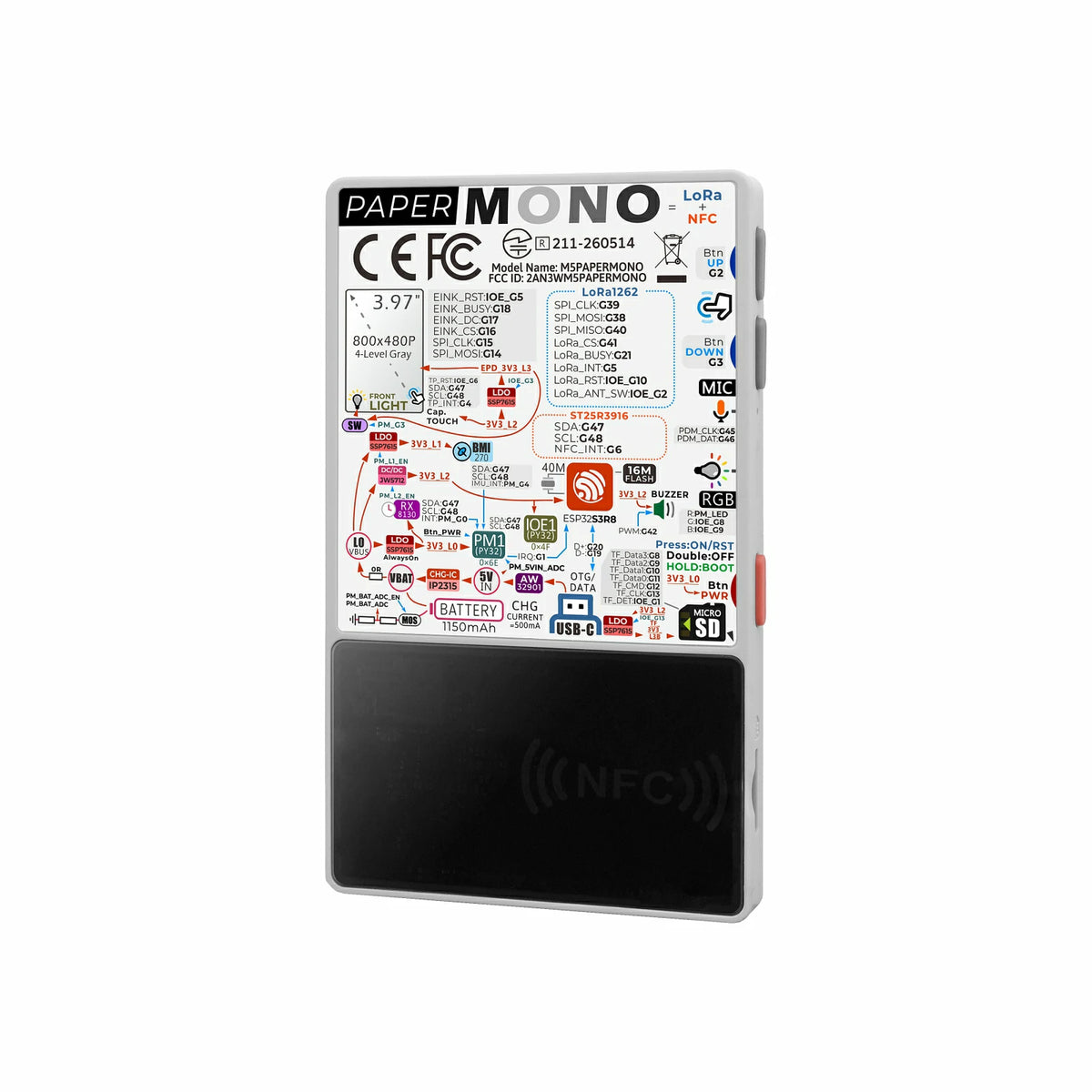 M5PaperMono with LoRa & NFC (800x480, 3.97" eInk Display)
