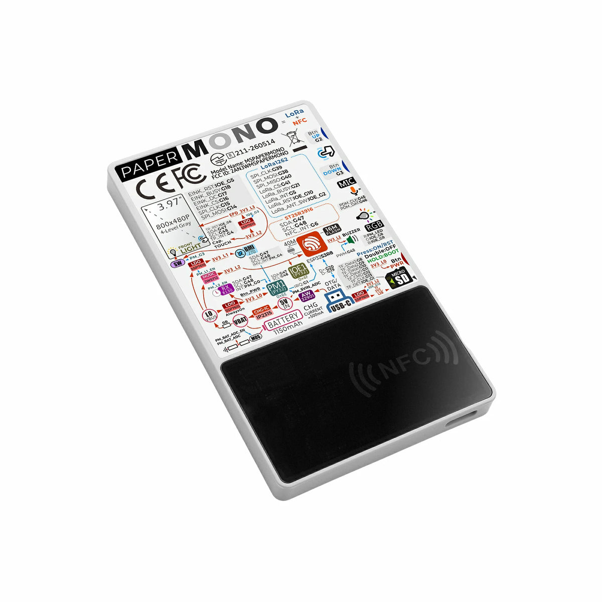 M5PaperMono with LoRa & NFC (800x480, 3.97" eInk Display)