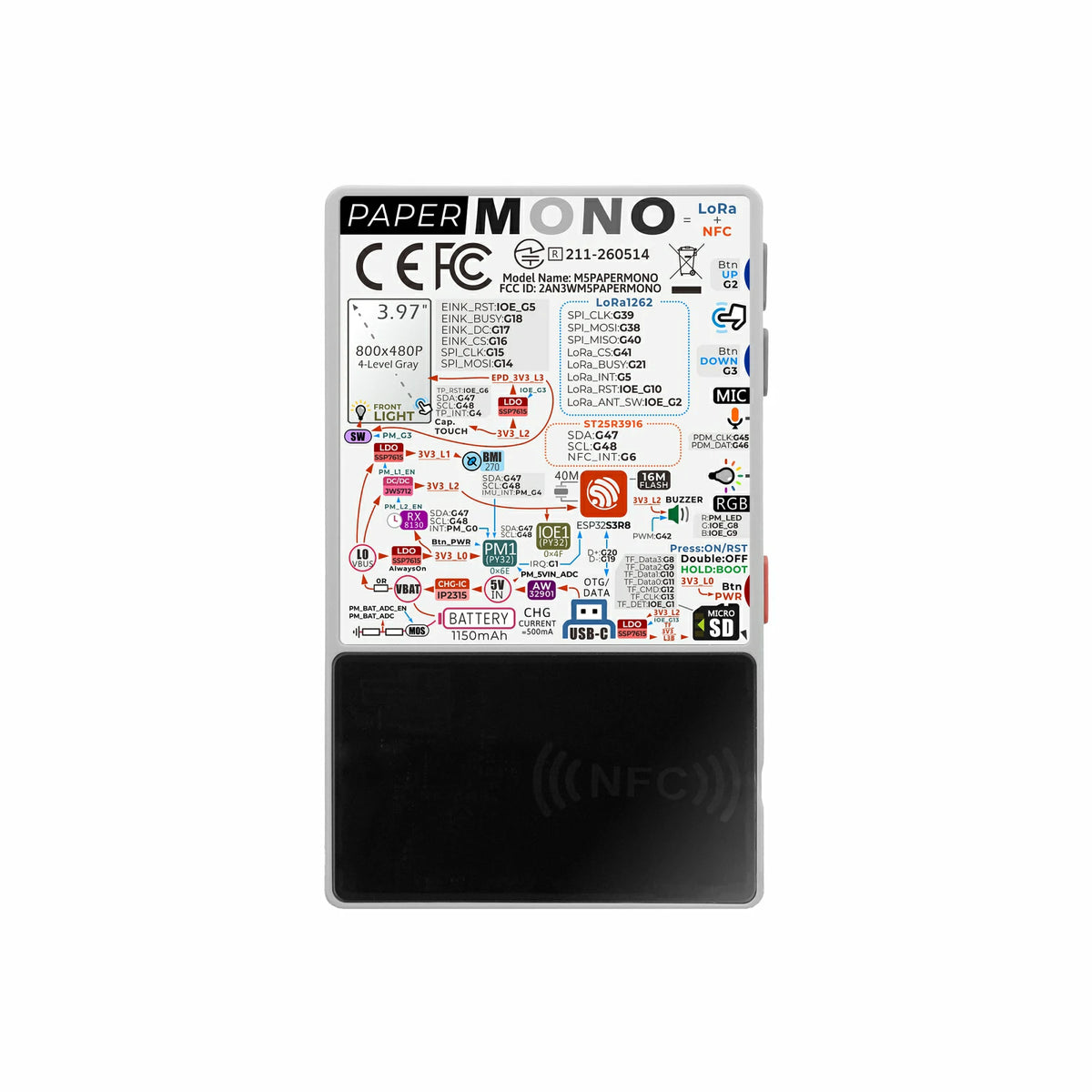 M5PaperMono with LoRa & NFC (800x480, 3.97" eInk Display)
