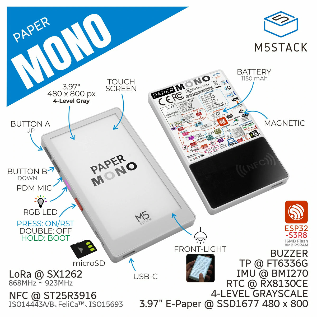 M5PaperMono with LoRa & NFC (800x480, 3.97" eInk Display)