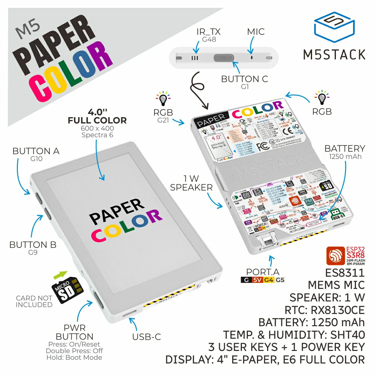 M5Paper Color ESP32S3 Dev Kit (600x400, 4" SPECTRA 6 eInk Display)
