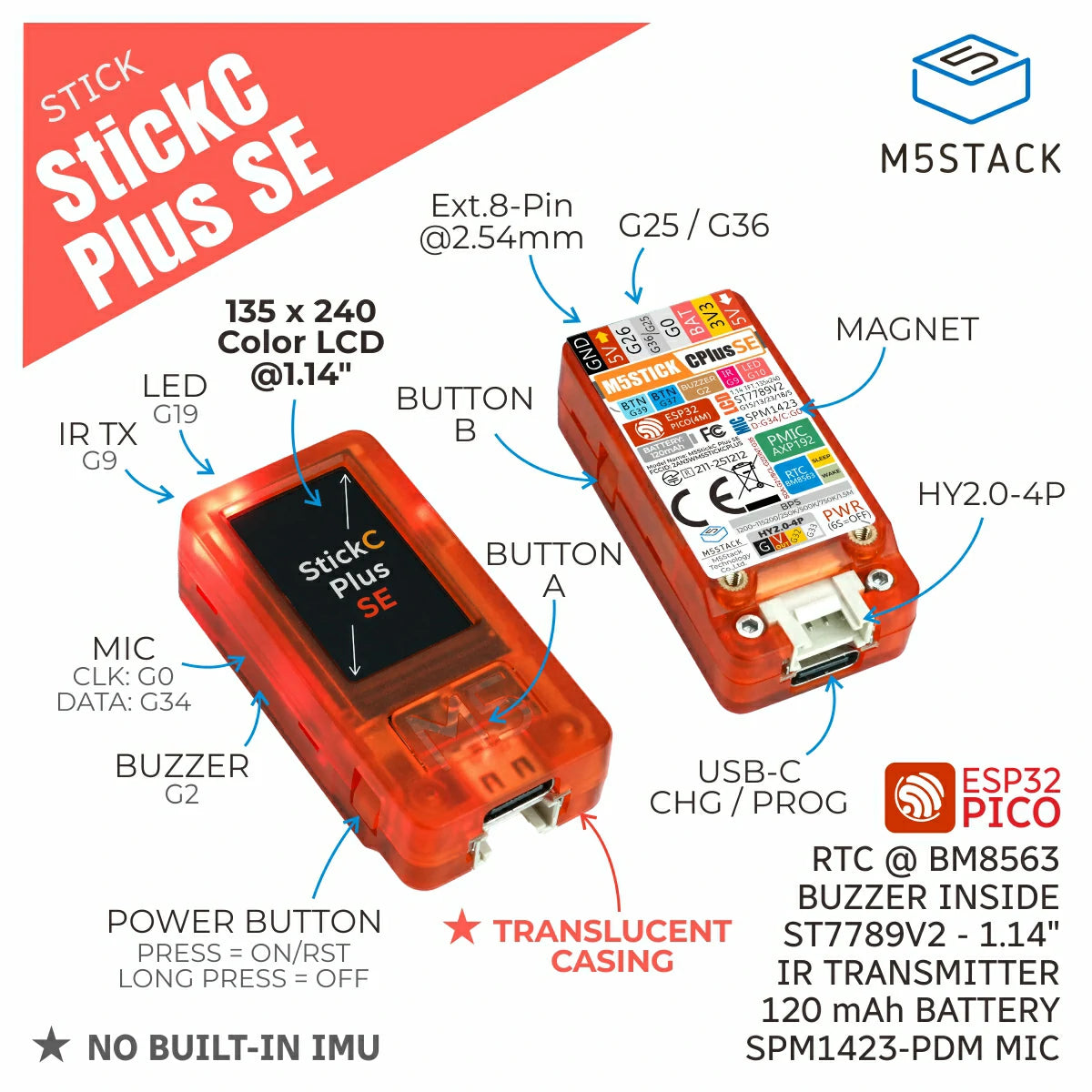 M5Stack M5StickC PLUS2 ESP32 Mini IoT Dev Kit, WiFi, 1.14 TFT, GROVE, 4060137090813 M5Stack M5StickC PLUS2 ESP32 Mini IoT Dev Kit, WiFi, 1.14 TFT, GROVE, 4060137090813